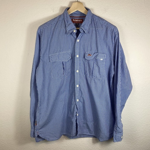 Simms Fishing Men's XL Blue Plaid Long Sleeve Button Up Front Pocket Shirt - Picture 1 of 12